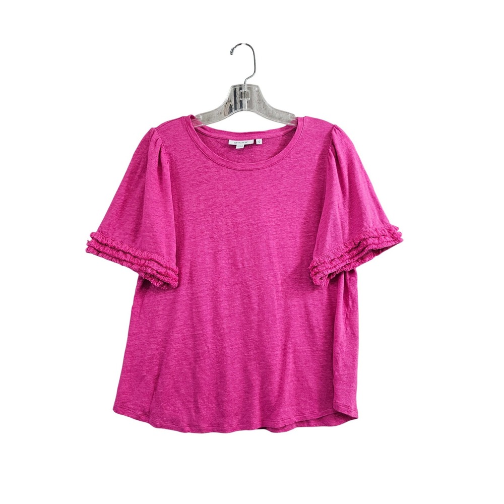 Chico's Linen Top Womens 1 M Pink Solid Ruffle Flutter Sleeve Tee T-Shirt Blouse